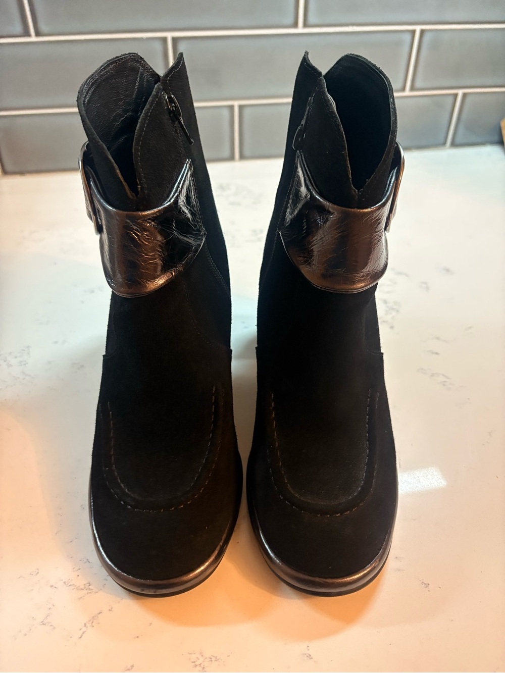 Casta Black Suede Ankle Boots with Patent Accent - Women